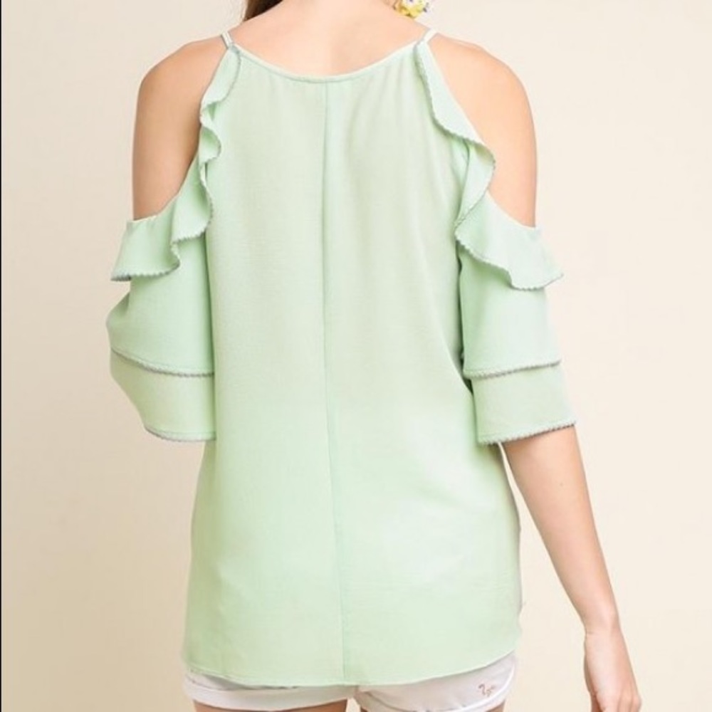 STORE CLOSING SALE! Green Ruffle Sleeve Cold Shoulder Top - Picture 5 of 6